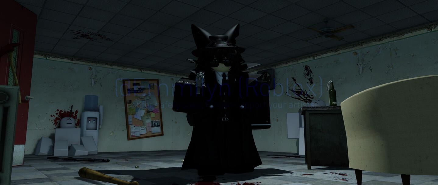 Alex pointing an M9 Beretta towards the viewer. Two other dummies can be seen, possibly dead. I wouldn't know.