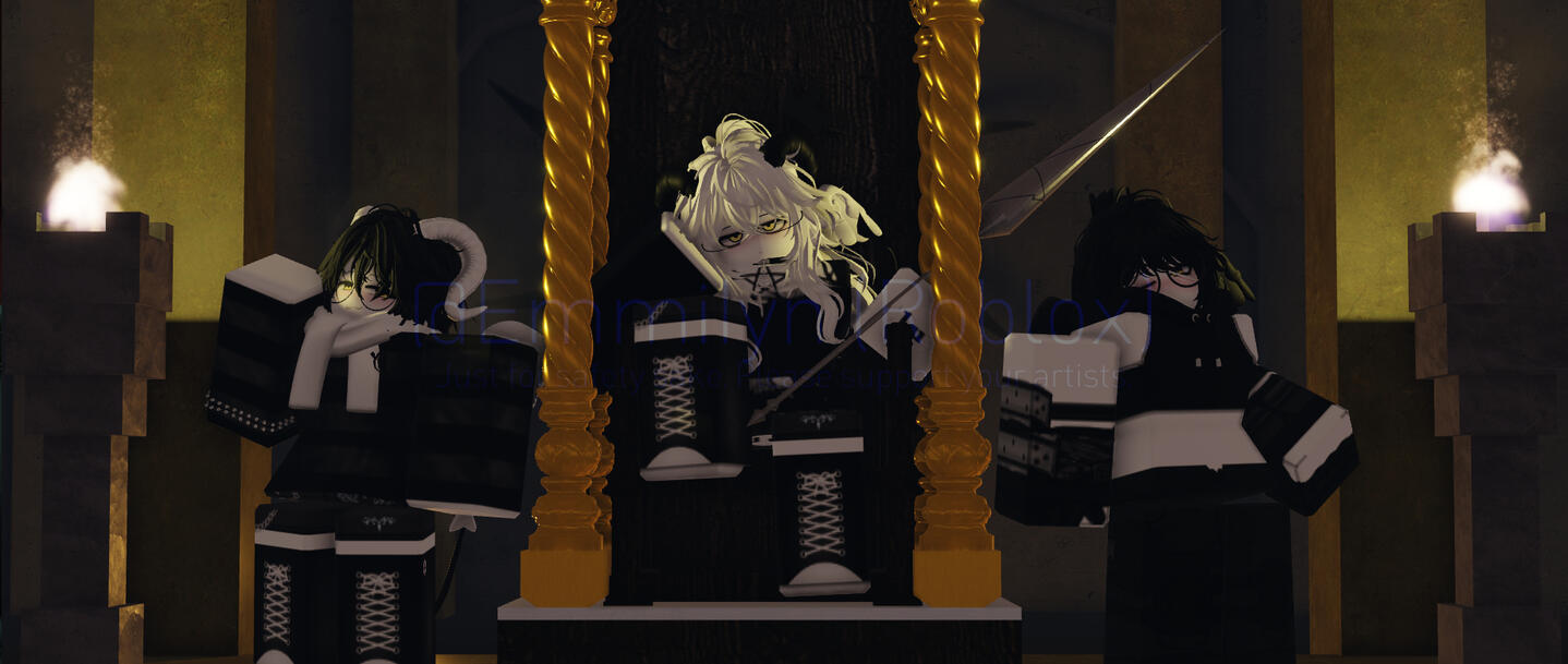 Kody sitting in a throne next to (left to right) Koi, and Svyn.